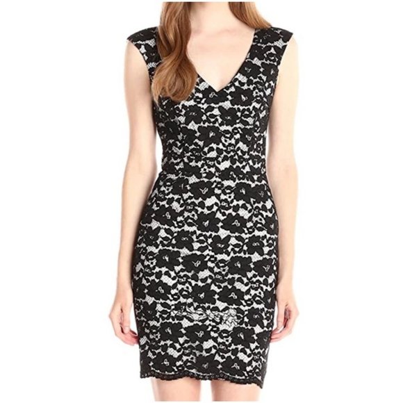 French Connection Dress 12 Black Ivory Stretch Lace Wedding Cruise Party $188 - Picture 1 of 11